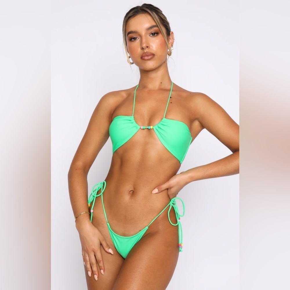 White Fox Swim Bikini Set kelly green beaded triangle top tie bottoms cheeky